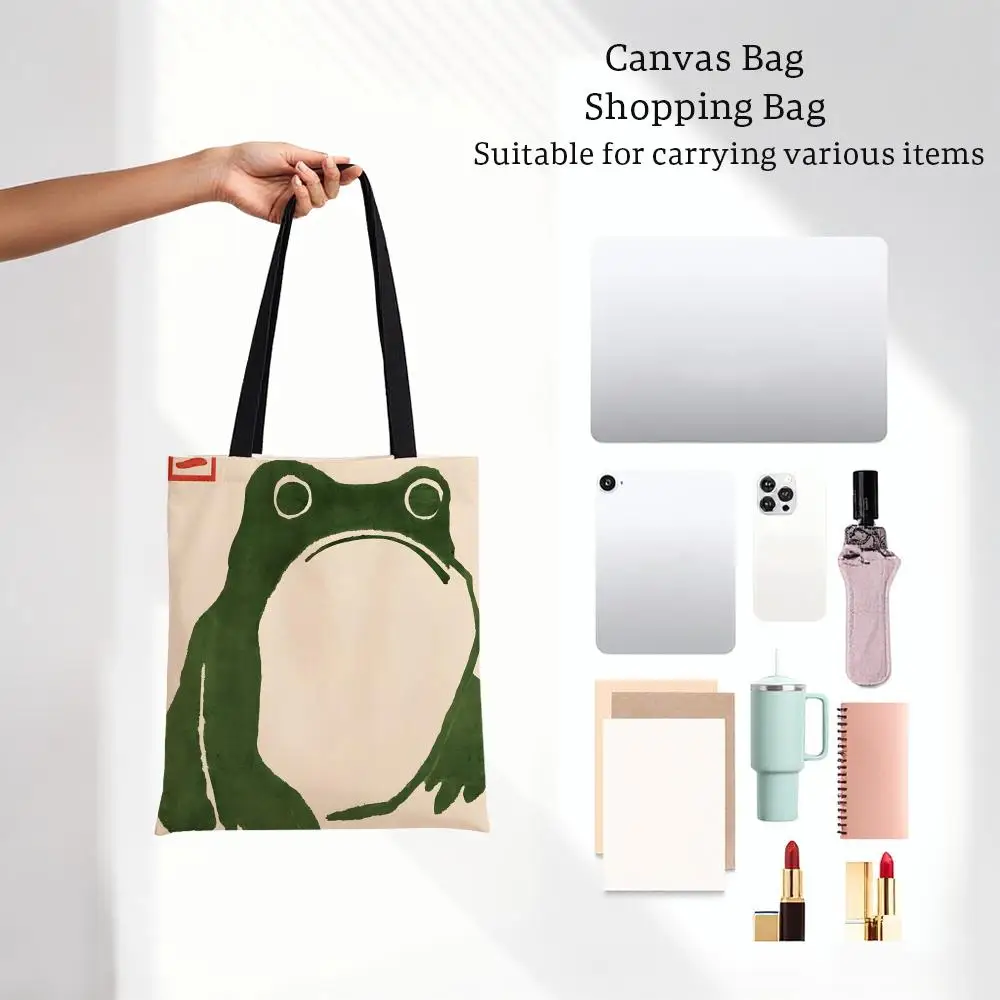 Popular Modern Whimsical Japanese Funny Frogs Storage Bags Lightweight Printed Canvas Bag Portable Daily Shopping Shoulder Bag