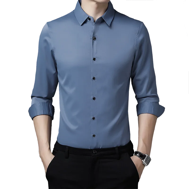 BROWON Autumn Shirts for Men Long Sleeve Shirt Solid Color Anti-wrinkle Wedding Shirt Men Turn-down Collar Business Shirts