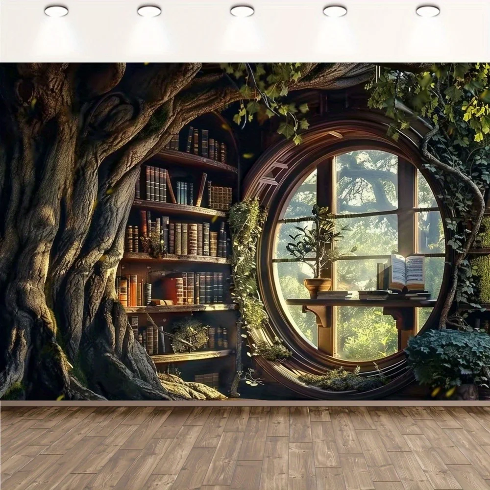 Fondo de biblioteca vintage de 1 pieza - Casa de raíces de árbol mágico con estanterías y ventanas arqueadas - S