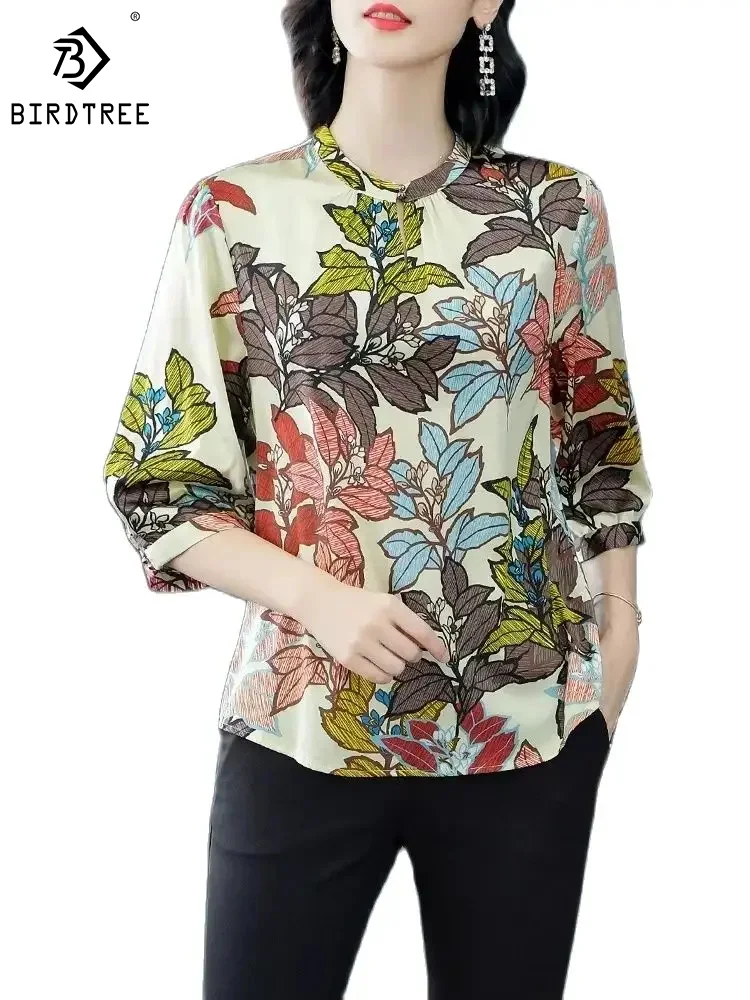 

BirdTree,3/4 Sleeve Floral Print,93% Mulberry Silk Shirt for Women,Fashion Elegant OL Blouses,2024 Spring New Top,T42289QM