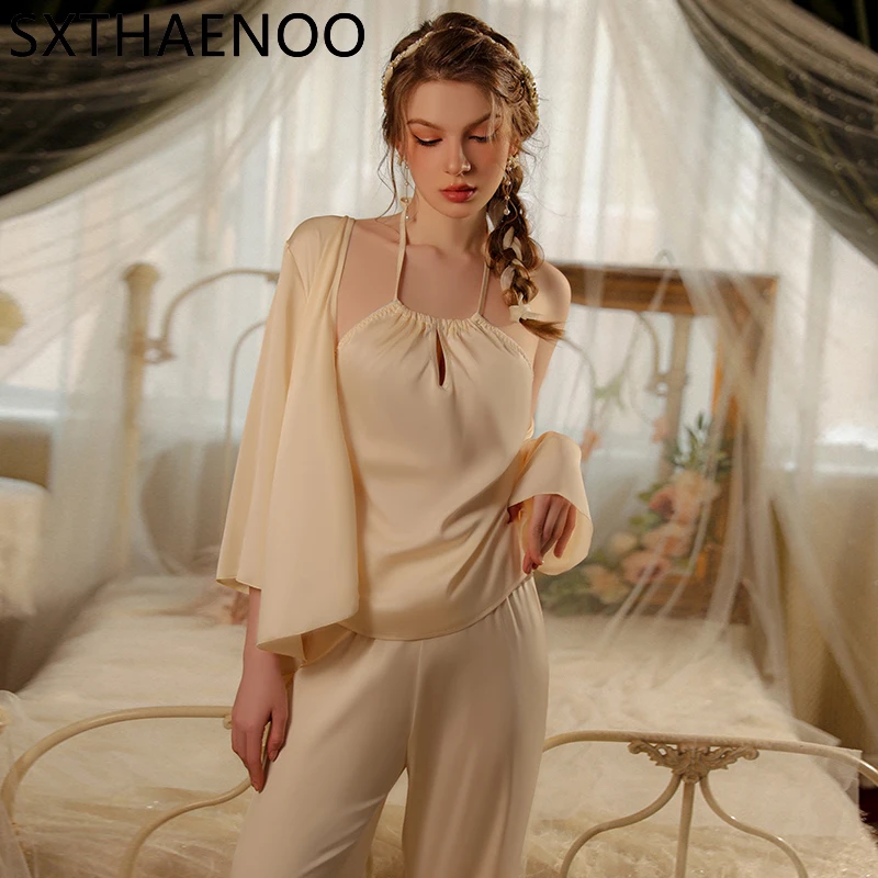 

SXTHAENOO Solid Color Satin Nightgown Hollow Halter Nightwear Summer Thin Silk Pajamas Comfortable Casual 3-pieces Home Clothes