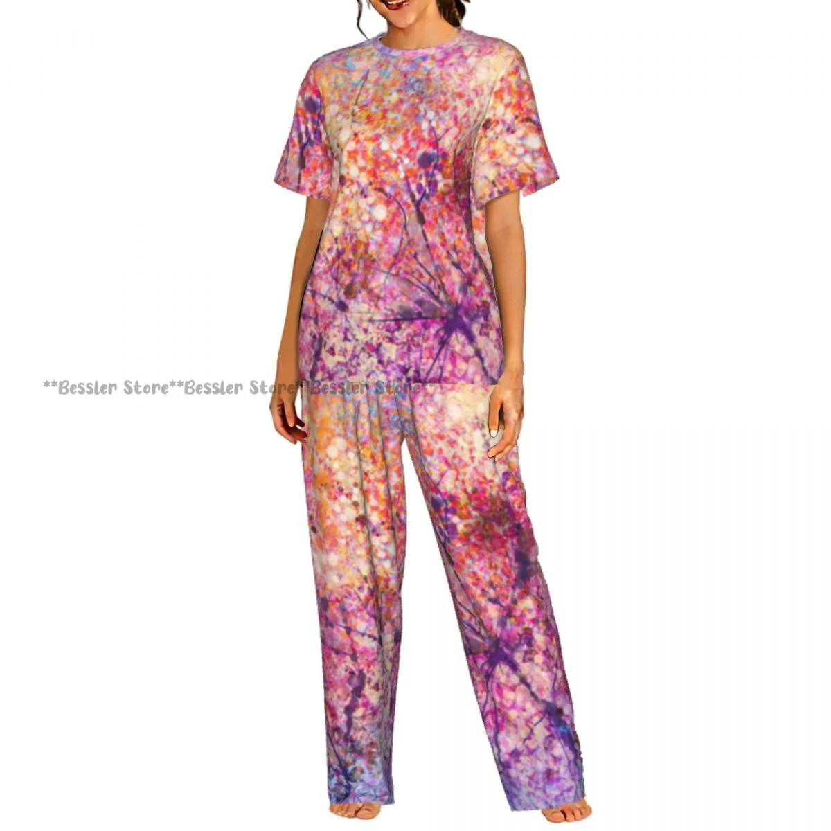 

Женский пижамный комплект с цветочным принтом, розовые цветы сакуры на фоне природы, короткий рукав, 2 предмета, домашняя одежда, одежда для отдыха