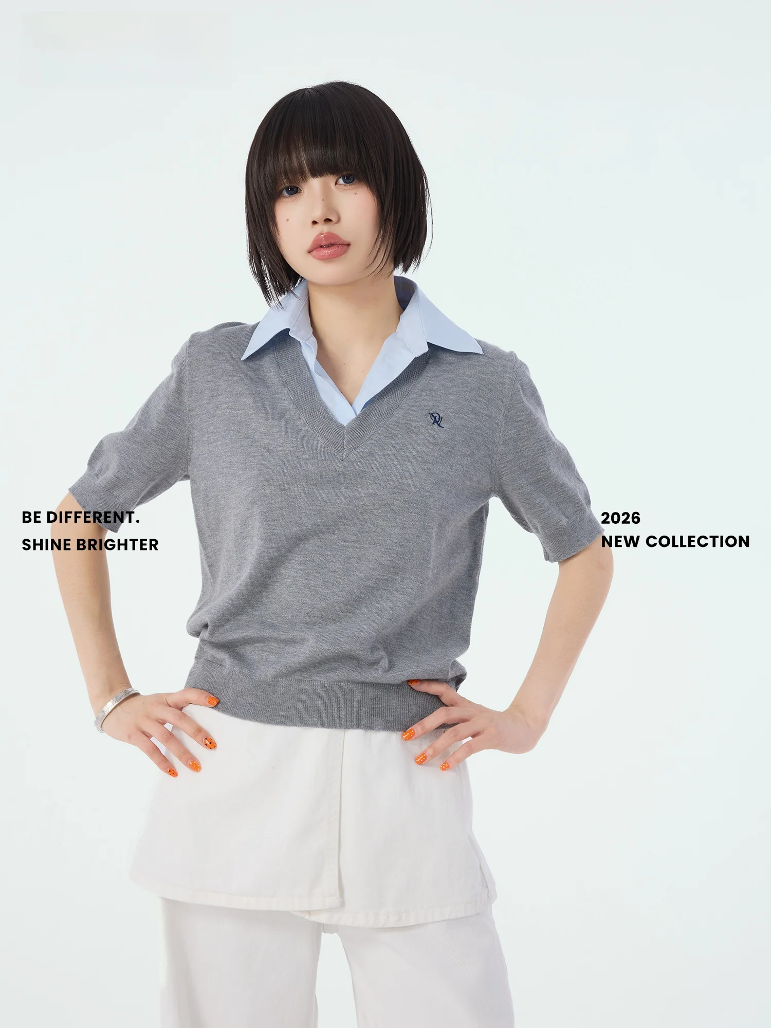 

Didimax Summer New Korean Style College Wind Color Collision Collar Short Sleeve Knitted Sweater Fake Two-Piece Simple X28343