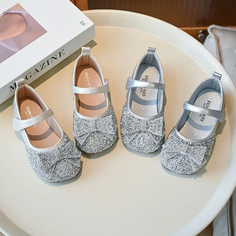 Children Princess Shoes Luxury Rhinestone Girls Bowknot Leather Shoes Spring Autumn Versatile Kids Fashion Causal Ballet Shoes