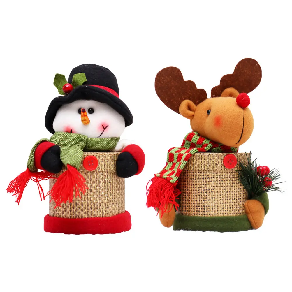 2Pcs Christmas Candy Boxes Snowman Elk Linen Storage Tanks Decorative Candy Jar Set Festive Biscuit Chocolate Container Gift