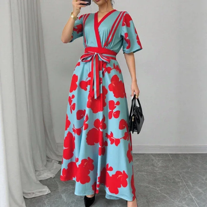 Damen Maxikleid mit großem Blumenmuster, V-Ausschnitt, kurzen Ärmeln, Gürtel, hoher Taille, A-Linie, elegant, für Sommer, Urlaub, Alltag und Partys