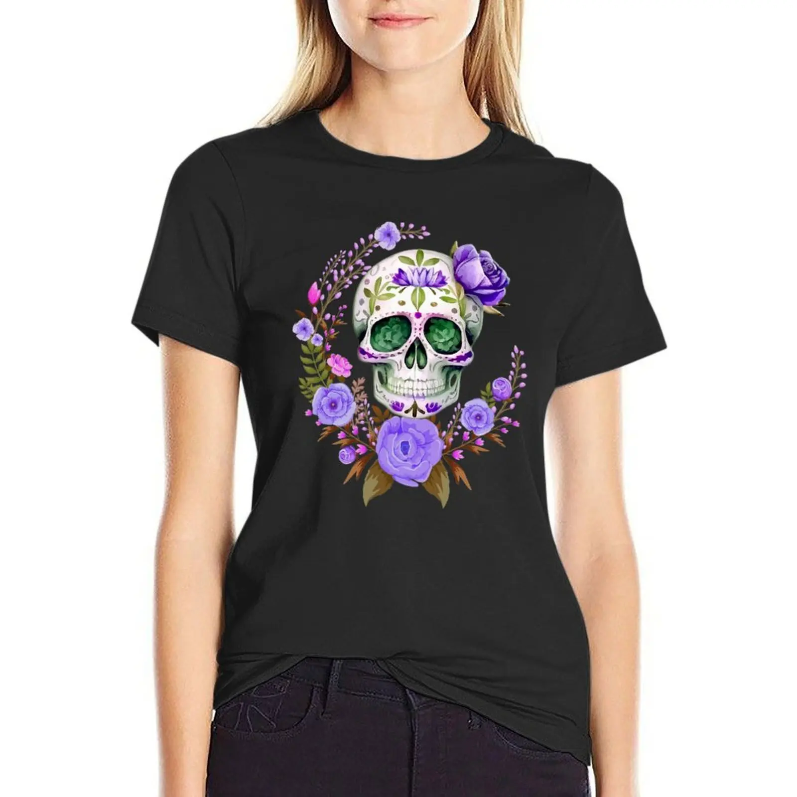 

Purple Floral Dia De Los Muertos Sugar Skull T-Shirt shirts graphic tees blanks anime clothes tshirts for Women