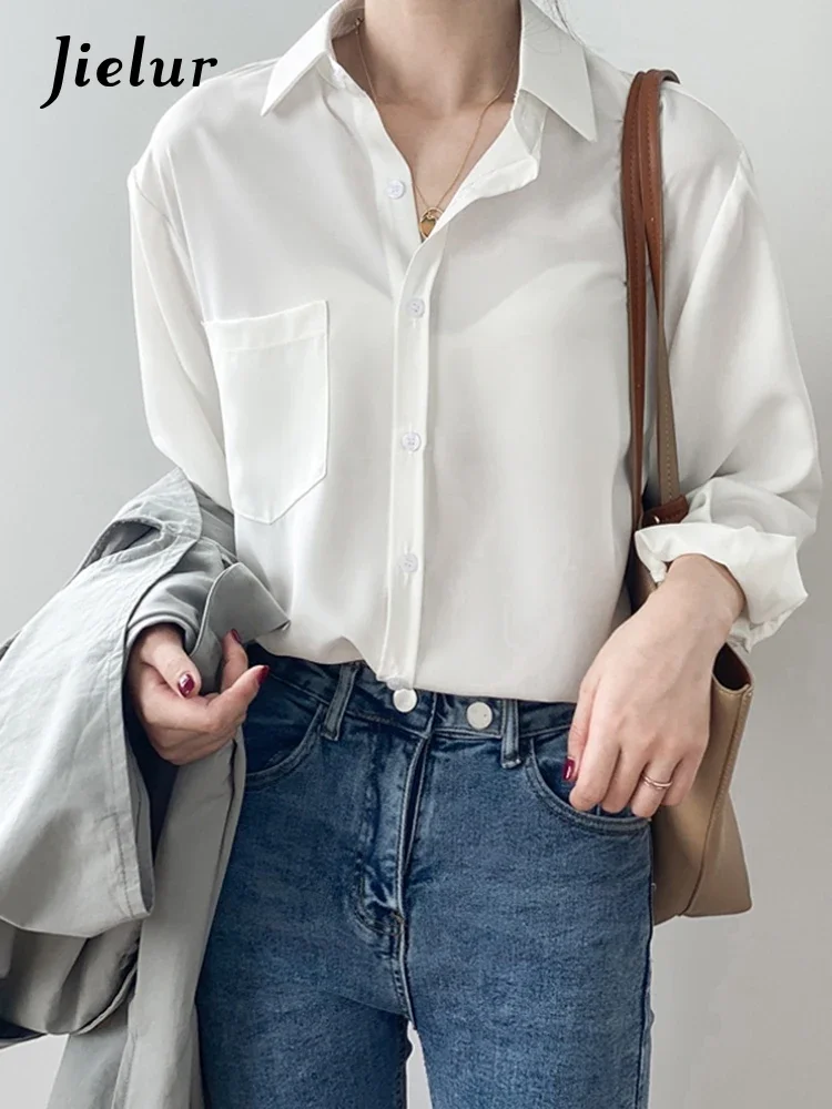 Jielur Dark Purple Long-sleeved Chiffon Blouse Female Spring Summer Leisure White Shirts Women Casual Solid Color Simple Blouses