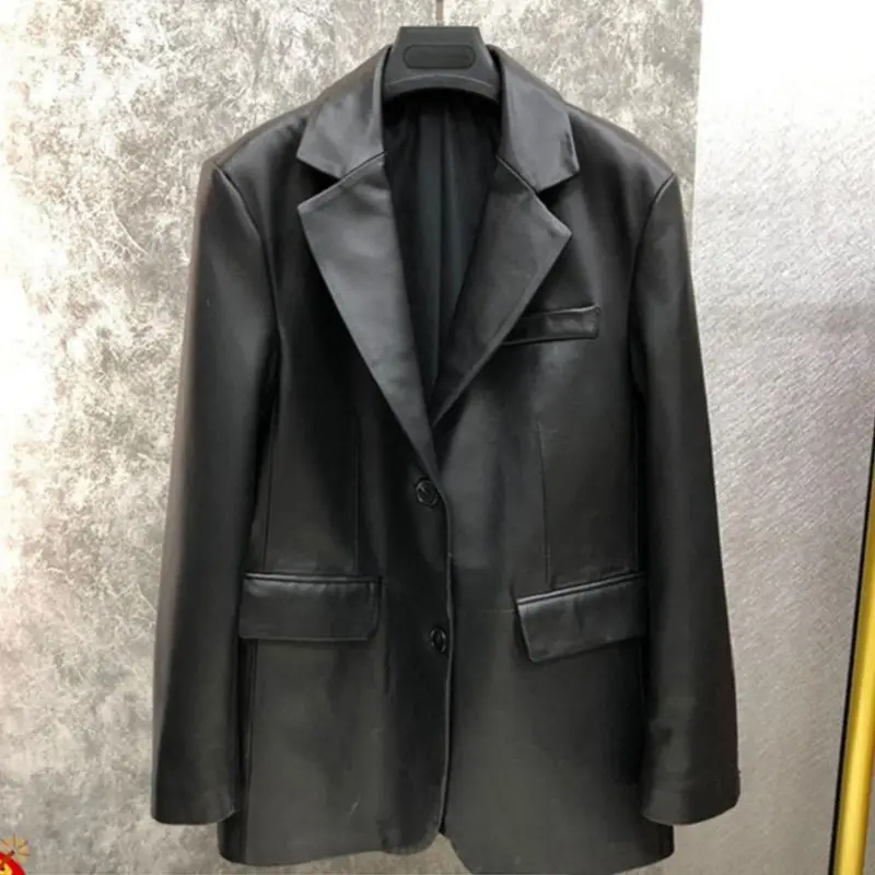 

Осенне-зимняя новая куртка из искусственной кожи, высококачественная темпераментная простая, повседневная темментная куртка средней длины для женщин