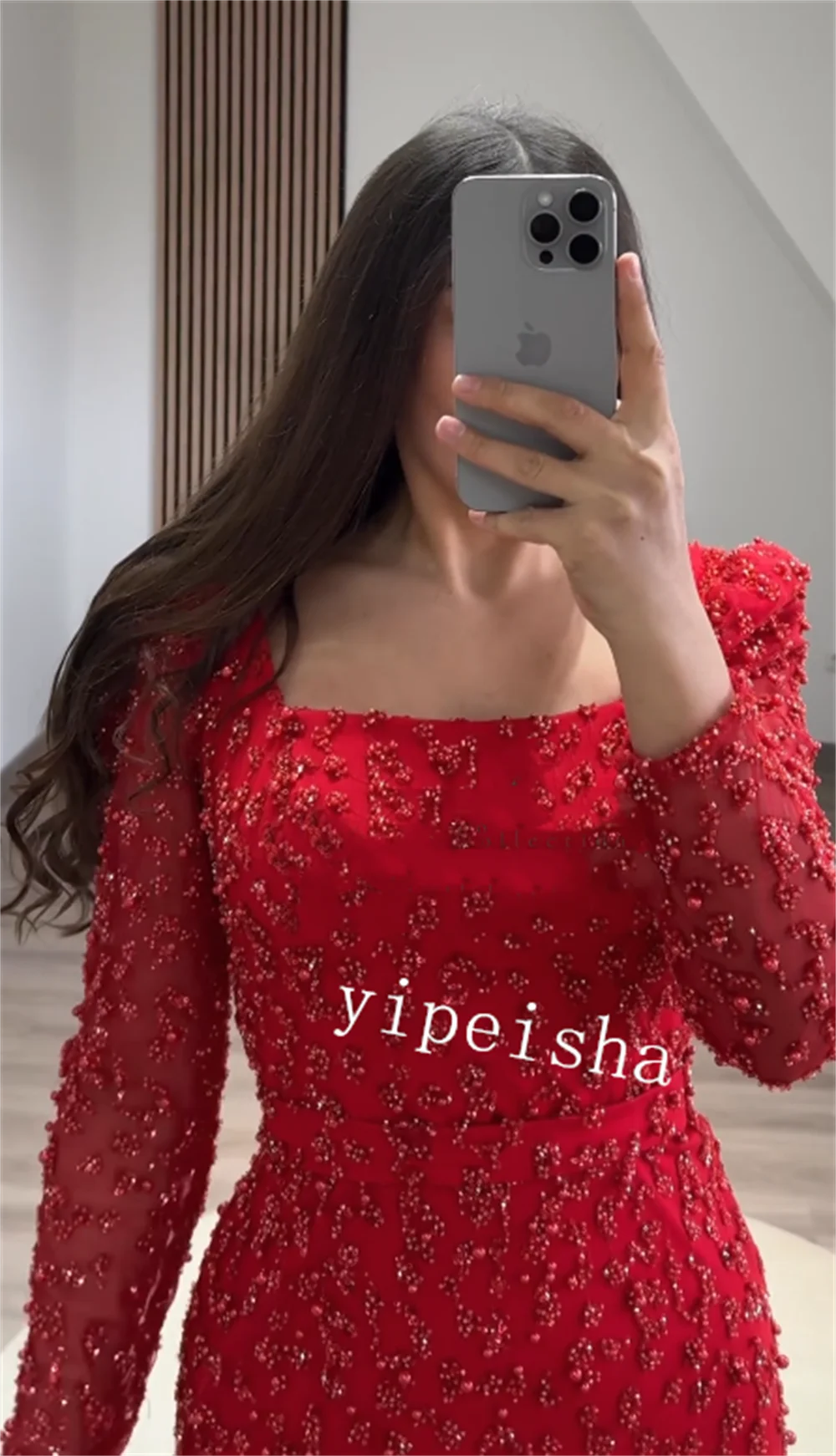 Jiayigong Trikot Perlen Quince anera Scheide Vierkant hals maßge schneiderte Anlass Kleid Midi Kleider sexy lässig