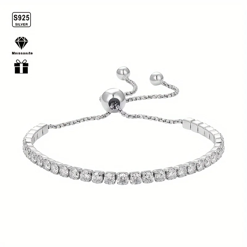 1pc S925 Silver with 0.1/0.3/0.5ct Moissanite Bracelet, Adjustable Size, Men's and Women's | Gifts for Her | Birthday | Wedding