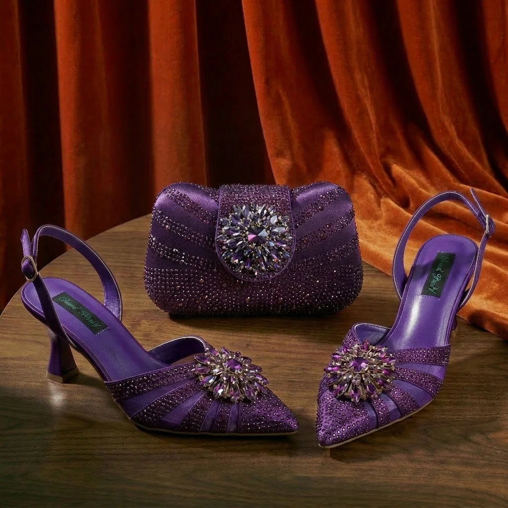 2026 Elegant Purple Color Women's Heels Shoes Bag Set Rhinestone Embellished Designer HAND CRAFTED UPPER Shoes for Special Event