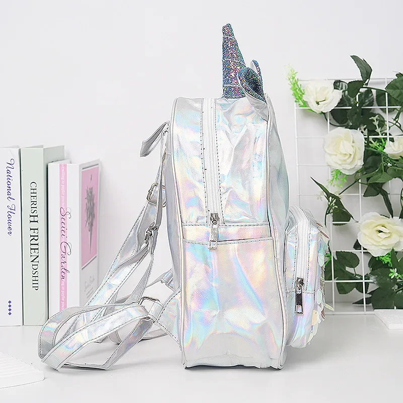 Girls and Boys Laser Unicorn Schoolbag For Women Silver Fashion Female Shiny Backpack Silver Waterproof Holographic Backpack