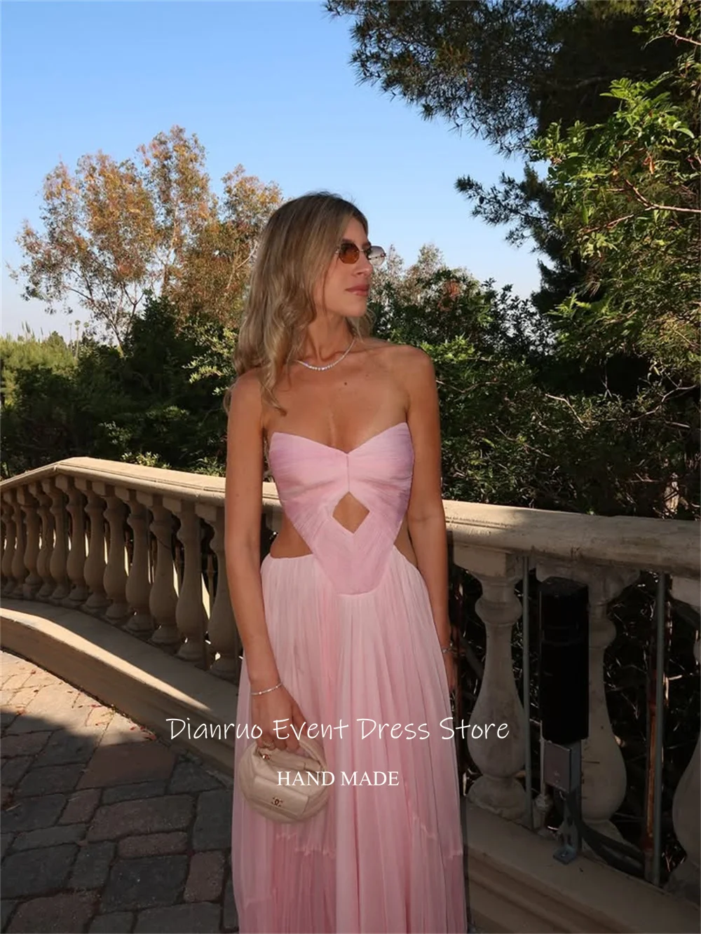 디안루오 핑크 러플 스윗하트 이브닝 드레스 A라인 컷아웃 파티 가운 우아한 쉬폰 드레스 여성용 2025 맞춤 제작