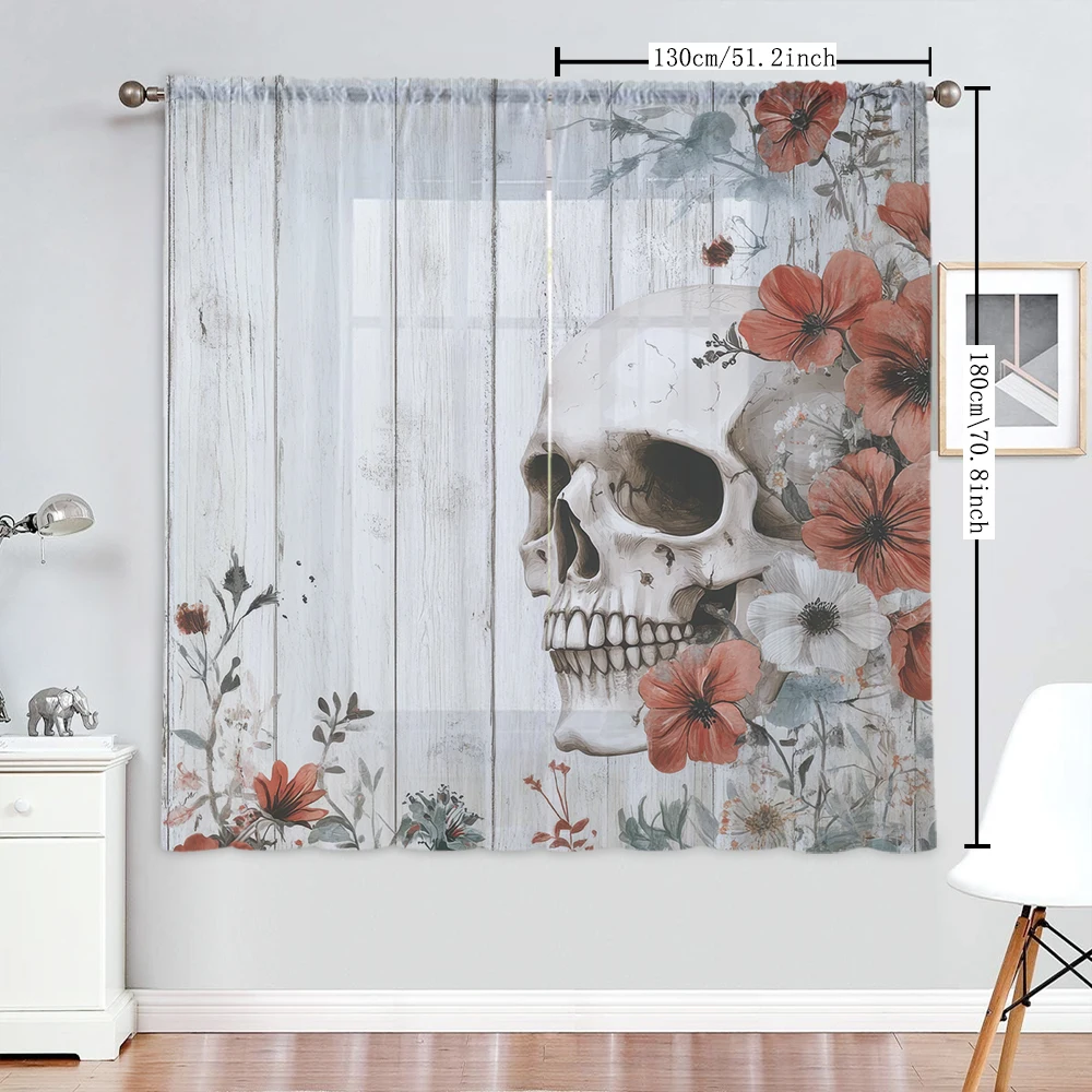 2Pcs Skeleton And Orange Flower Print Home Decoration Window Screens Suitable for Coffee Shop, Restaurant, Bedroom