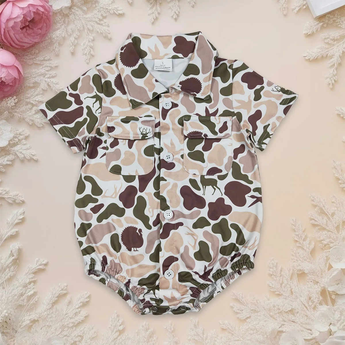 

Newborn Baby Boy Button Pockets Romper Hunting Dogs Ducks Deer Kids Bubbles Jumpsuit Toddler Children Clothing Wholesale