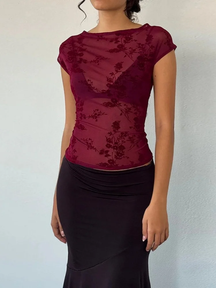 

Floral Printing T Shirts For Women Streetwear Transparent Mesh Crop Top Y2k Clothes Short Sleeve Camisetas Slim Fit Ropa Mujer