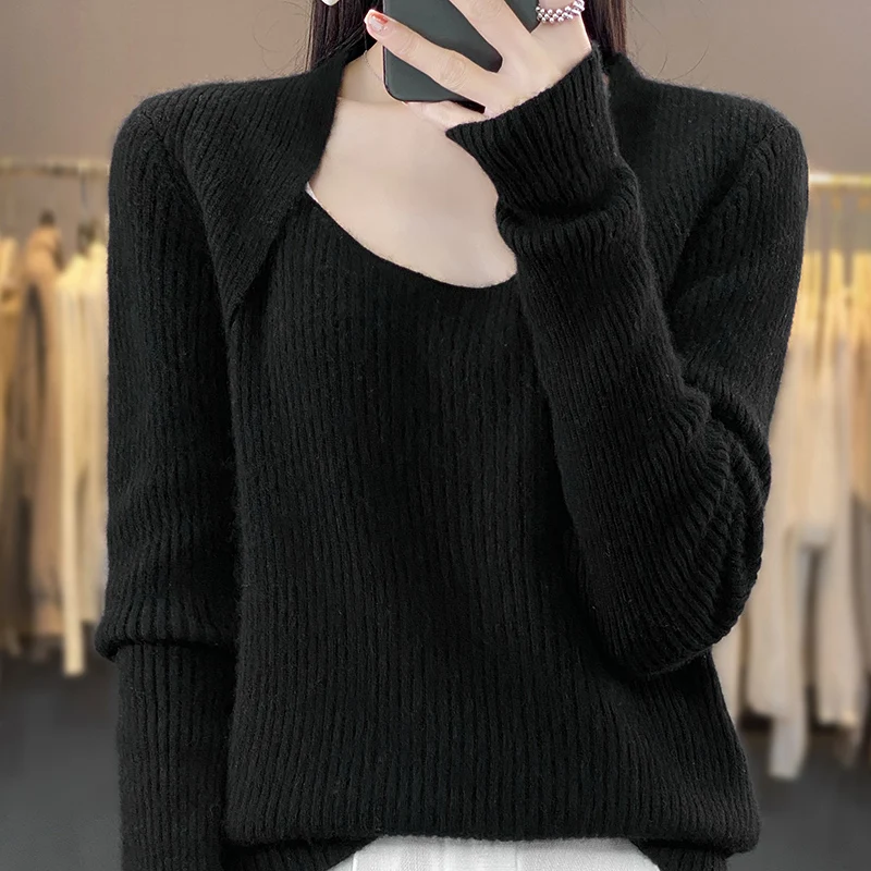 Autumn And Winter New Woolen Sweater Women's Low Neck Long Sleeve Pullover 100% Pure Wool Loose Solid Color Temperament Knitwear