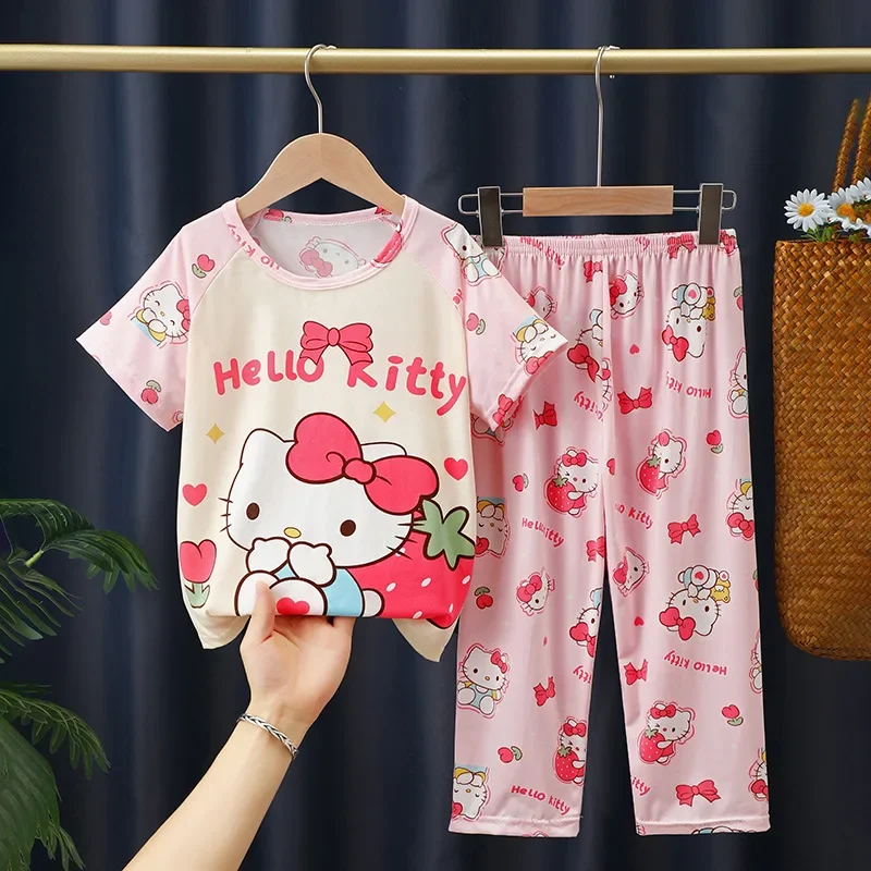 Hello Kitty & Kuromi Girls' Summer Pajama Set, Cartoon Crew Neck Short Sleeve Top and Long Pants, Casual Home Wear for Children