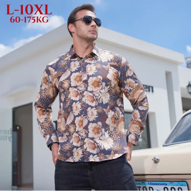 

Premium Fabric Harajuku Elasticity Men's Spring Summer Shirt Long Sleeves Hawaiian Beach Casual Floral Plus Oversize 8xl 10xl