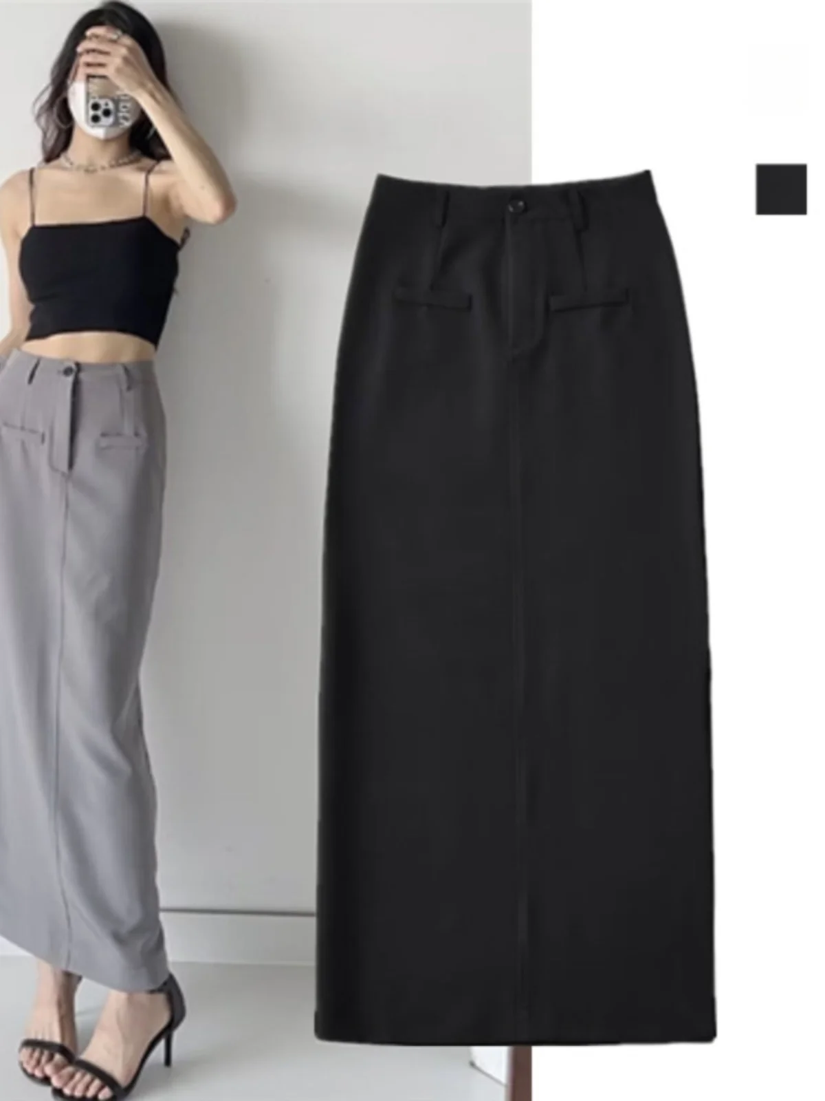 

High Waist Slimming Side Slit Suit Skirt Design Sensation One Step Long Straight Cut A-Line Midi Skirt Street Sle