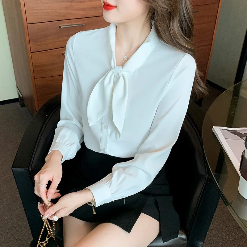 Fashion Long Sleeve Bow Collar Women Shirt New White Chiffon Shirt Blouse Women Tops Shirts Blusas Para Mujer Blusas 2024 F265