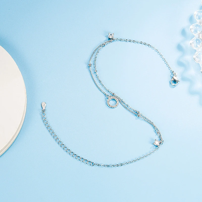 Elegant Round Zircon Pendant Double Layer 925 Sterling Silver Ankles Women Jewelry Fashion Adjustable Rhinestone CZ Foot Chain view 5