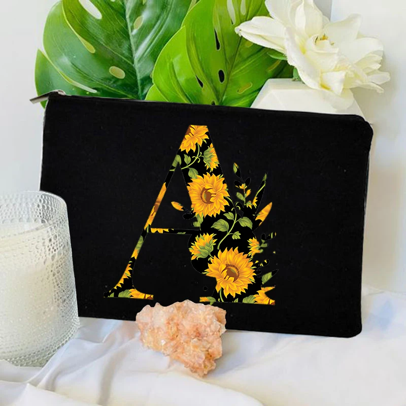 Sunflower Pattern Letters Makeup Bag Women Floral Cosmetic Case Monogram Canvas Toiletry Bag Gift for Friends Bridesmaids Sister