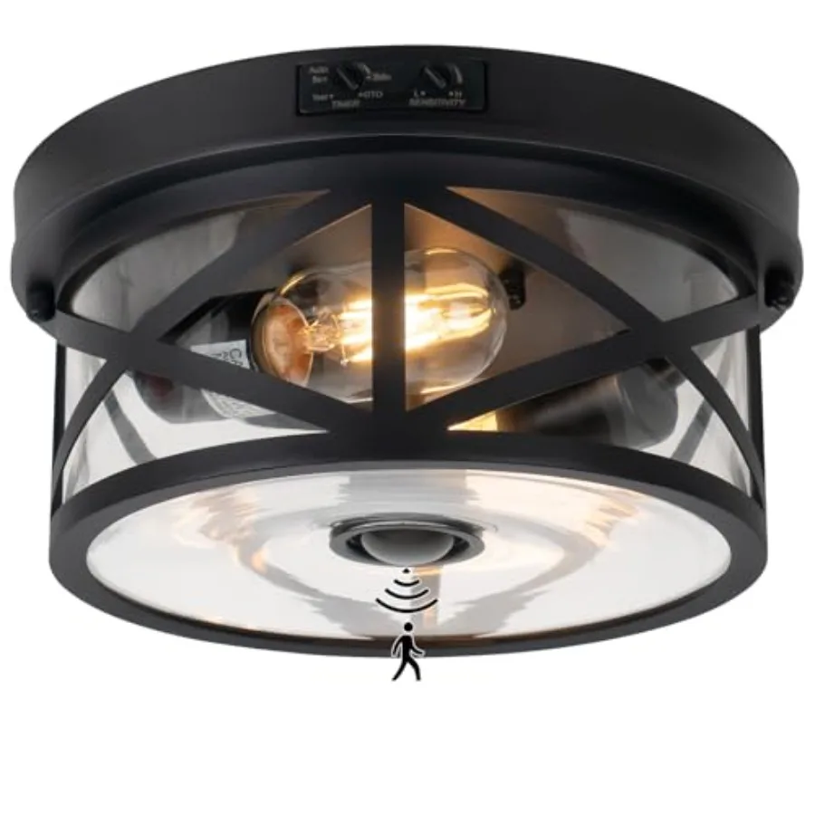 Motion Sensor Outdoor Ceiling Light, Adjustable Black Flush Mount Light Fixture, 2-Light Porch Lights Outdoor, Clear Glass Indu