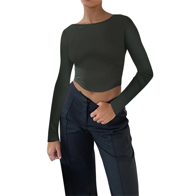 Fashion Long Sleeve Crop Top Women Sexy Clothes Solid Color Round Neck Backless T Shirt 2000s Autumn Clothing Streetwear Y2k