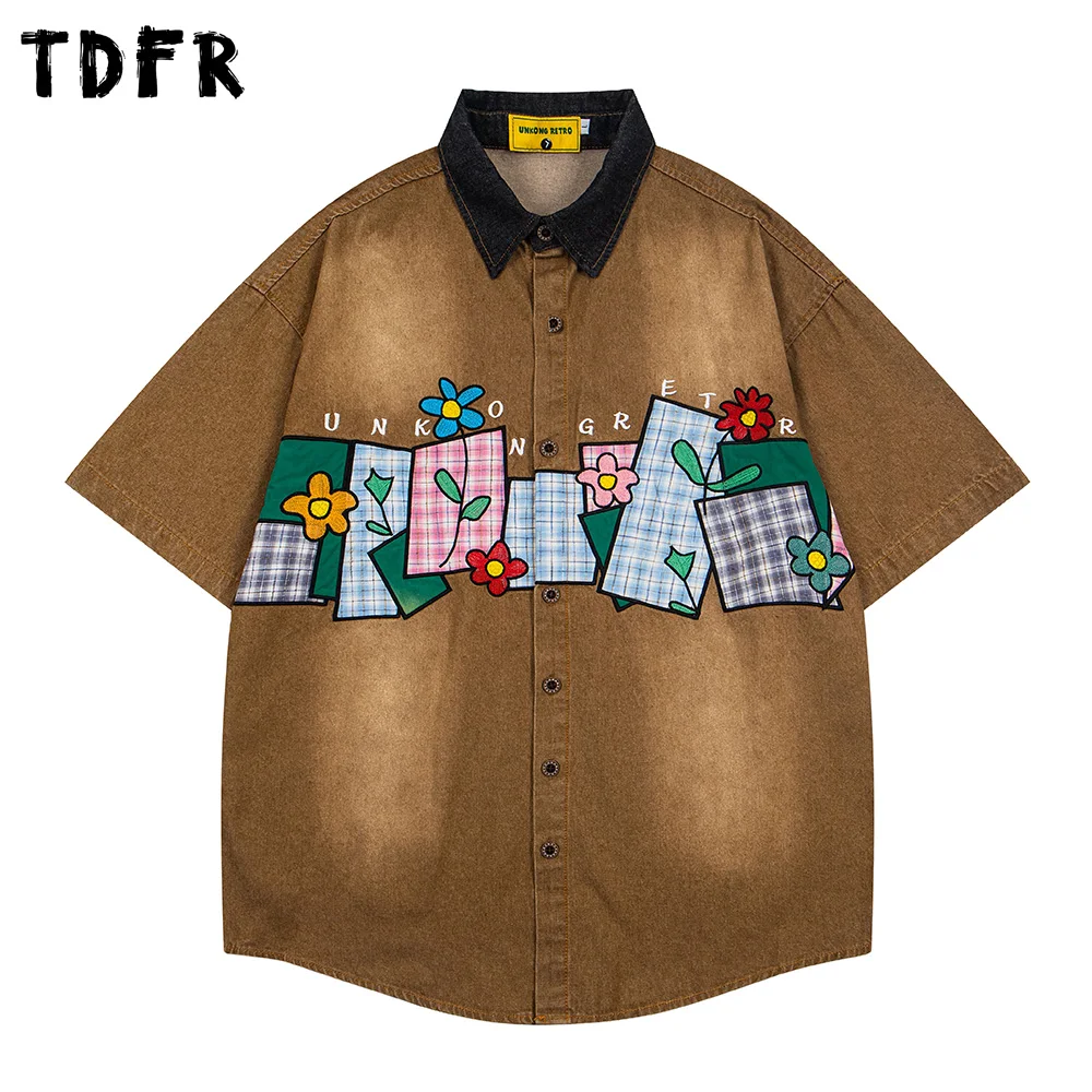 

Patch Embroidery Denim Short Sleeve Shirts Mens Summer Retro Casual Spliced Lapel Single Breasted Half-Sleeve Shirts Man