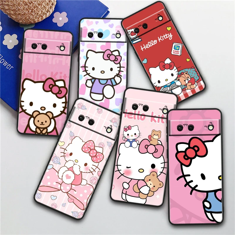 Cute Cartoon Hello Kitty For Google Pixel 8 7A 7 6A 6 5A 5 5XL 4A 4XL 4 Pro 5G Shockproof Soft TPU Black Phone Case