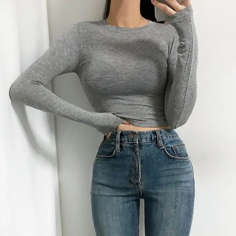 كم طويل عادية المحاصيل القمم المرأة الأساسية تي شيرت الربيع س الرقبة امرأة الصلبة سليم المحملة Y2k الملابس مثير رقيقة انظر من خلال تي شيرت #2