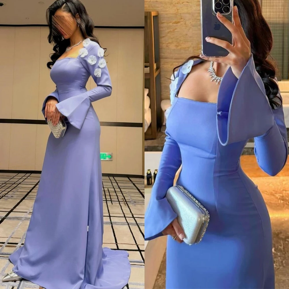

Customized Jersey Long Sleeves Square Collar Mermaid Evening Dress Elegant Flowers Party Dresses Formal Special Occasion Gowns