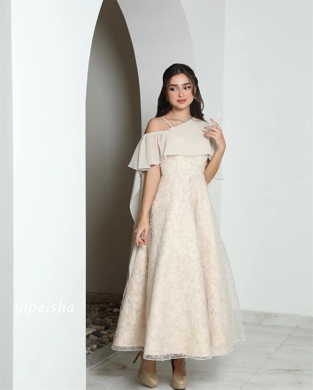 Jersey Draped Ruched Valentine's Day A-line Off-the-shoulder Bespoke Occasion Gown Midi Dresses