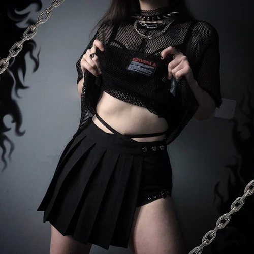 Imagen 2 del producto Falda gótica estilo oscuro plisada Punk Irregular falso Leggings de dos piezas falda con anillo pantalones de cintura alta A-Line Harajuku Mini faldas