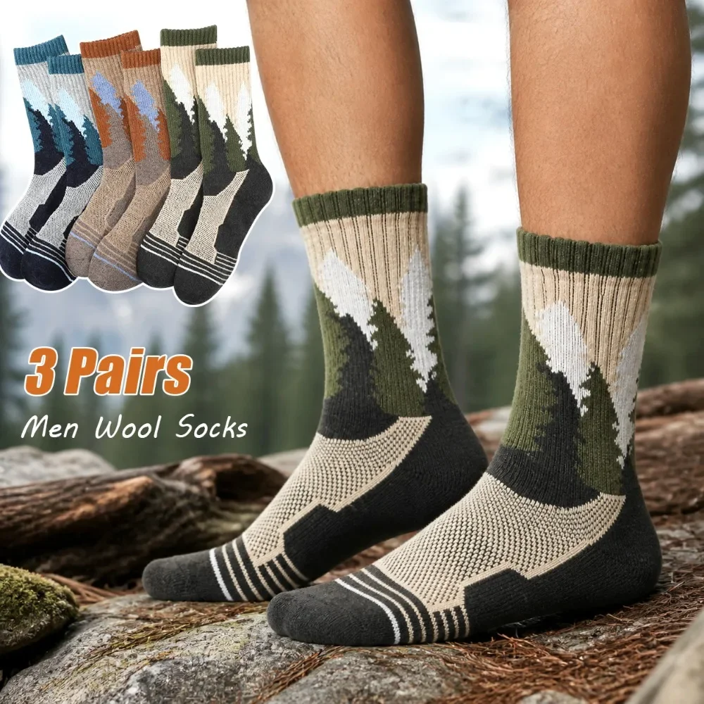 3 Pairs Mens Wool Winter Socks, Thick Warm Pine Tree Pattern Crew Boot Socks Thermal for Hiking Skiing Outdoor Cold Weather