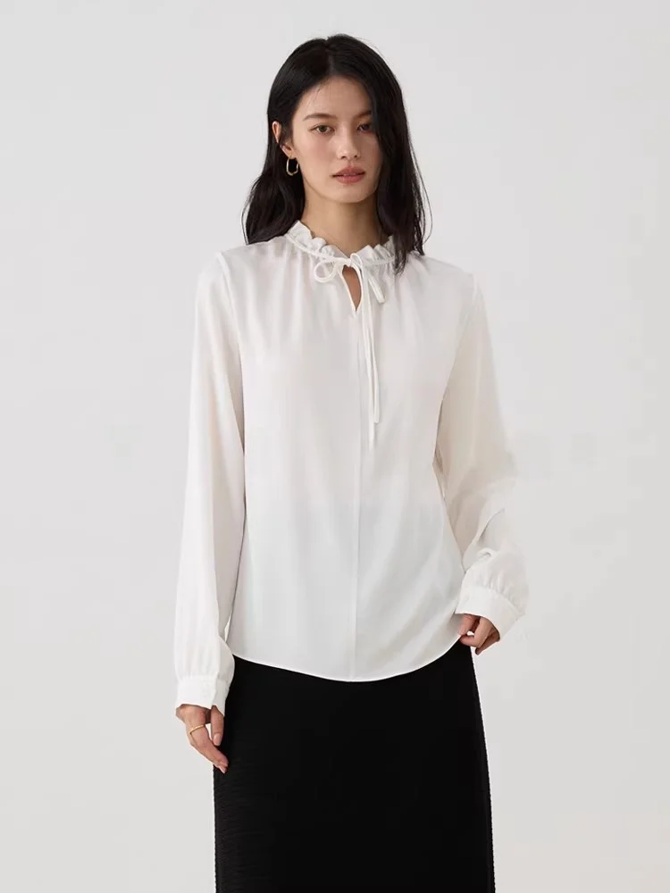 

Ting2 Studio Snow White Silk Acetate irt with Wood ain Ruffle Design Comfortable Breathable Long Sve Women's Blouse
