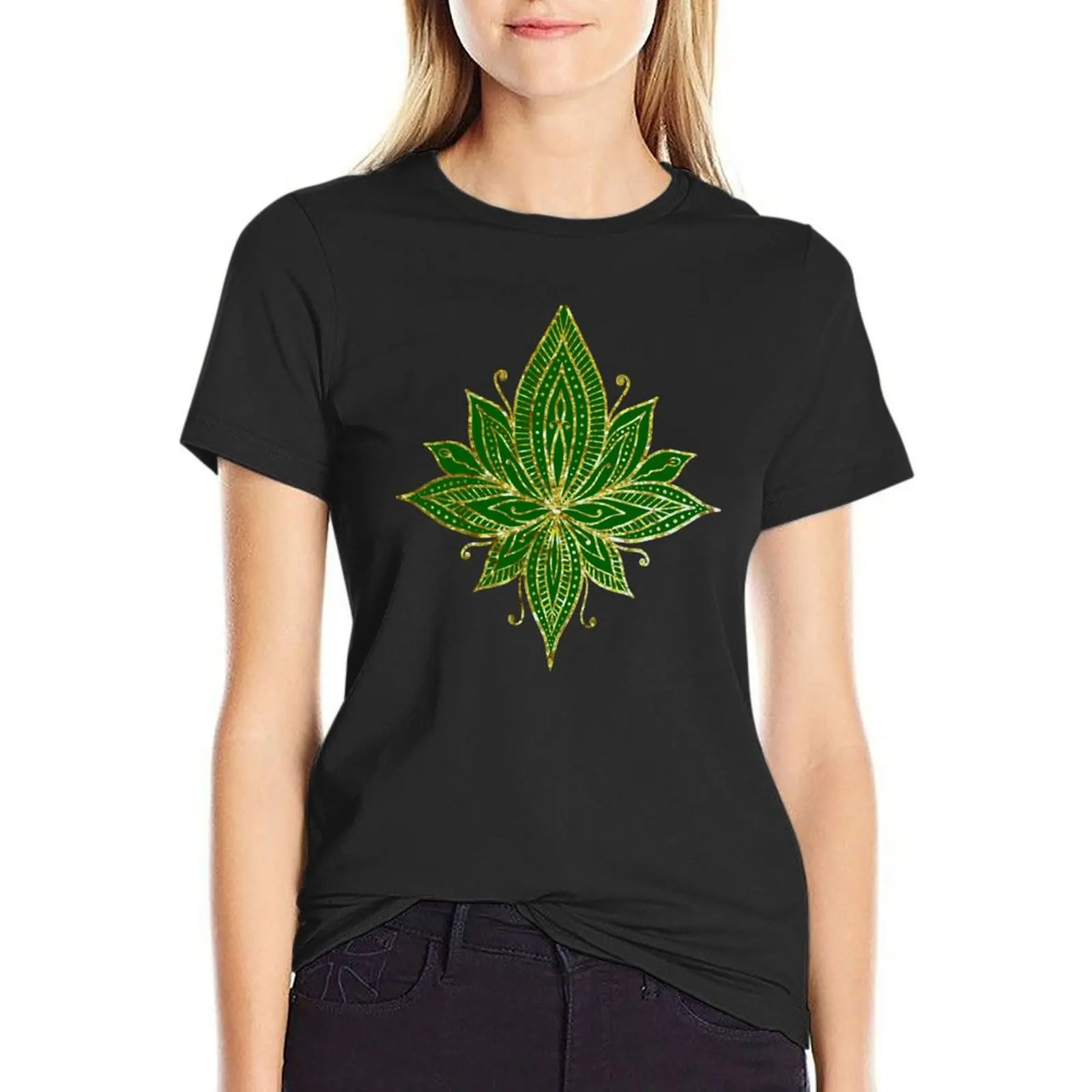 

Green and Gold Lotus Damask Pattern T-Shirt blanks sweat female tops black t-shirts for Women