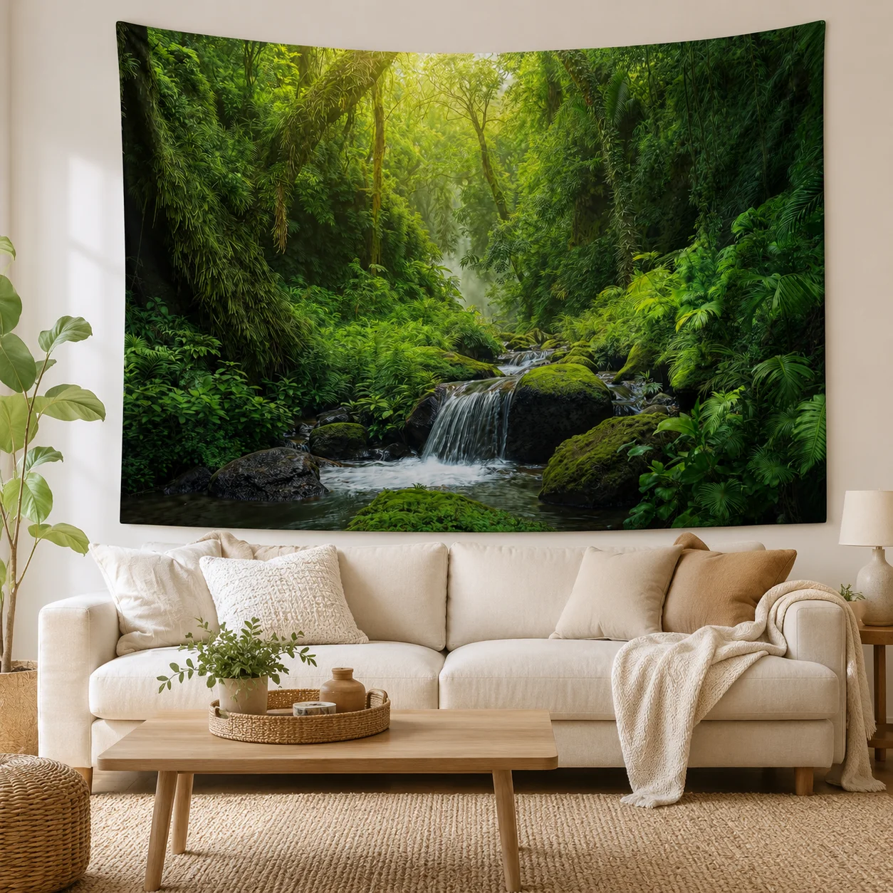 Rainforest Waterfall Tapestry Green Jungle Forest Stream Nature Landscape Wall Hanging Bohemian Living Room Bedroom Home Decor