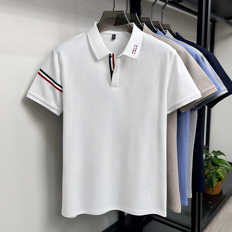 100% Baumwolle Herren Kurzarm-Poloshirt mit Kragen, Knöpfen und Buchstaben-Stickerei, Neues Sommer-Poloshirt, Lässige Mode, Atmungsaktive Herrenbekleidung – Detail 10