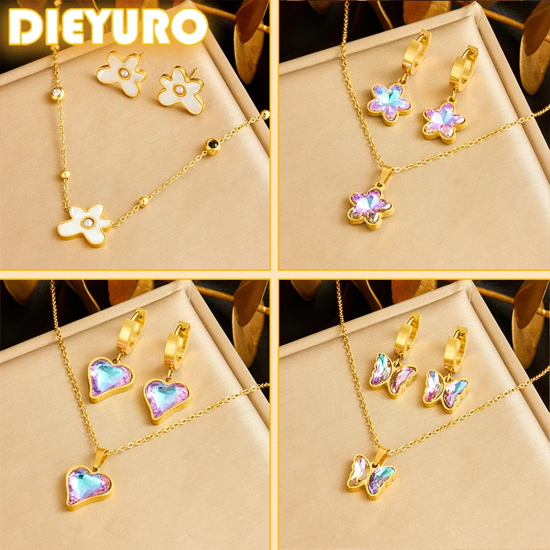 DIEYURO 316L Stainless Steel Colorful Love Butterfly Star Zircon Necklace Earrings Suit Womens New TrendNon-fading jewelry Set