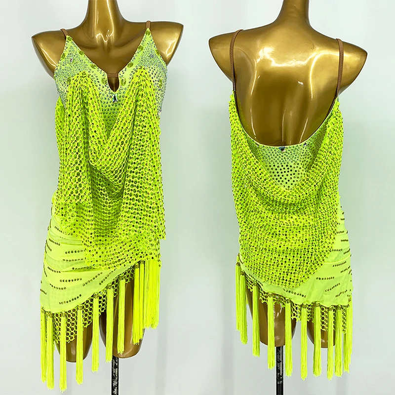 

Fluorescent Green Latin Dance Competition Dress For Women Rumba Samba Ballroom Dance Costume Net Fringe Dress Prom Wear BL8653