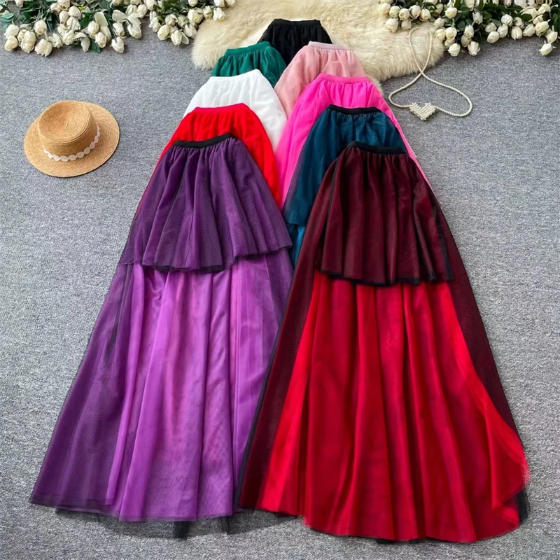 Women Gothic Black Red Irregular High Low Tulle Skirt Layered Flowy Long Train Mesh Maxi Skirt Darkwear Party Club Skirt view 2