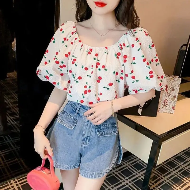 Women Summer Fashion Loose Sweet Cute Floral Slash Neck Short Sleeve Chiffon Shirts Women Clothes Casual All-match Trend Top Tee