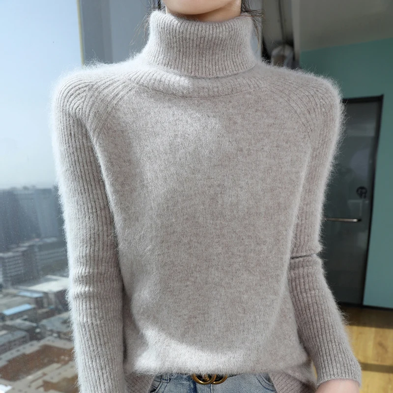 Suéter de punto de Cachemira de visón de 100% con cuello alto para mujer, prendas de vestir de invierno, jersey holgado liso de manga larga, Tops cálidos informales a la moda para mujer