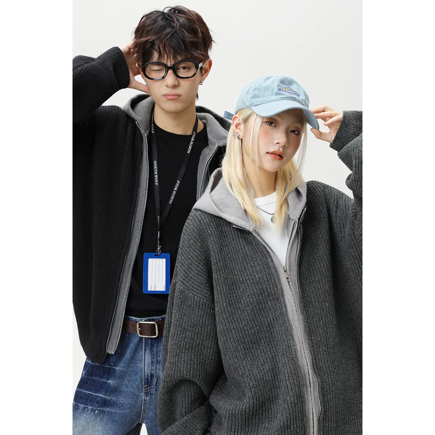 Women Men Knitted Cardigan Sweaters Solid Jumpers Zipper Fake Layer Hooded Long Sleeves Loose Casual Streetwear Autumn Winter