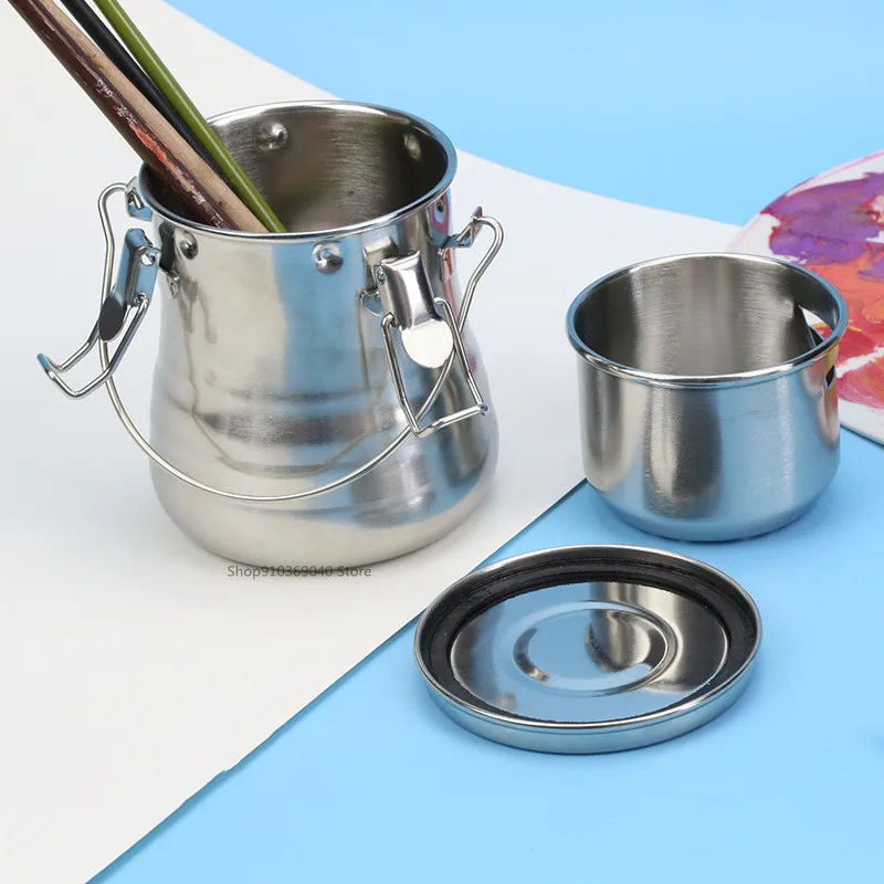 Stainless Steel Washing Brush Bucket Portable Sealed Container with Lid Air Drying Pen Holder Oil Painting Art Supplies