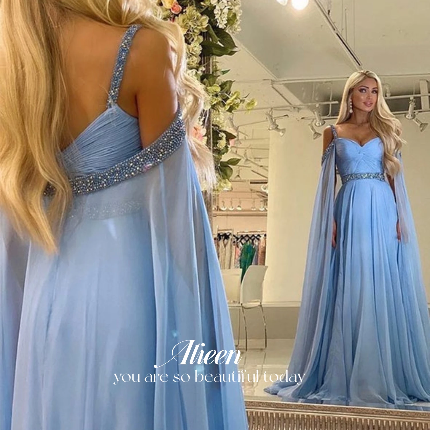 Sky Blue Gala Dresses Woman Customized for Party Dresses for Prom Line A Ball Gowns Glitter Decoration Prom Dress Women Chiffon