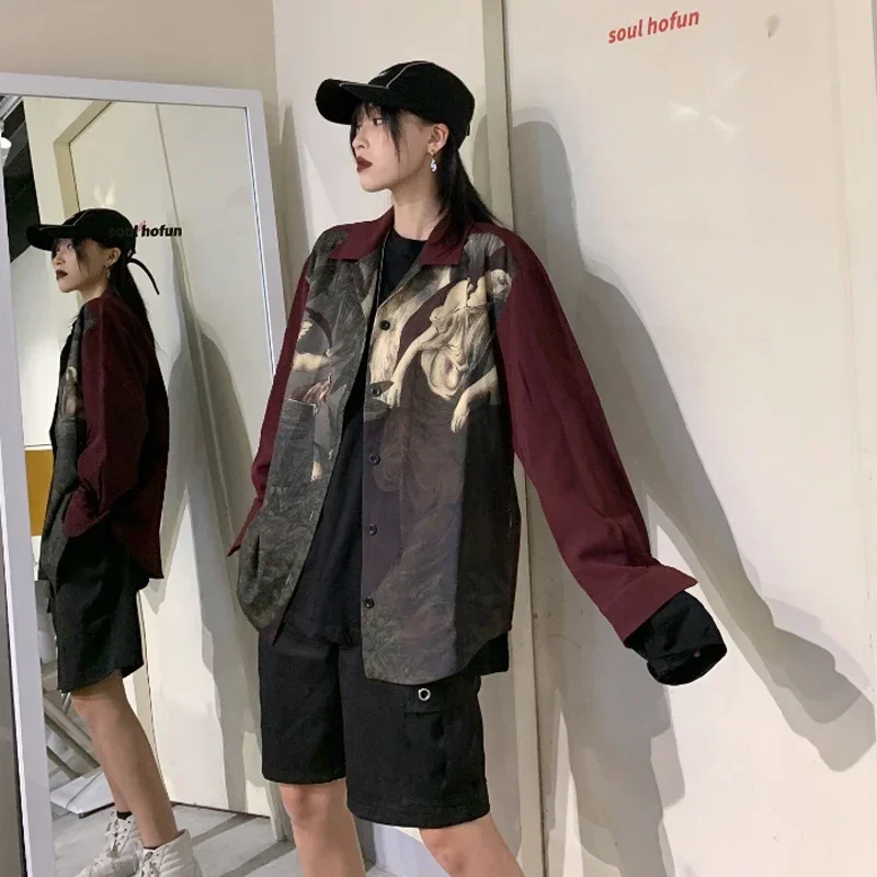 Neploe Vintage Angel Print Blouse Shirt Japanese Streetwear Blusas Cardigan Long Sleeve Oversized Tops Women Men Clothes Blusas